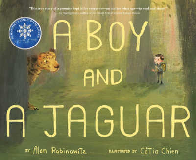 Book cover for A Boy and a Jaguar with illustration of boy hiding behind tree and watching a jaguar.