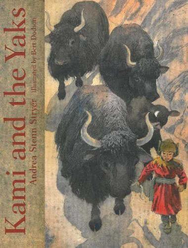 Book cover for Kami and the Yaks with illustration of child with four yaks.