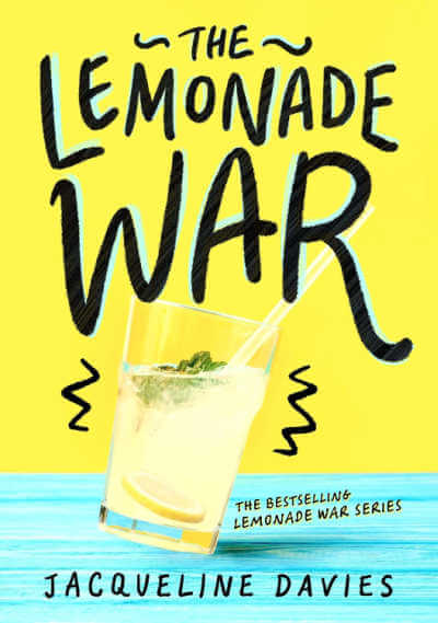 Book cover for The Lemonade War with illustration of large glass of lemonade on a tilt.