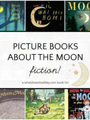 Collage of children's books with text overlay, Picture Books about the Moon, fiction.