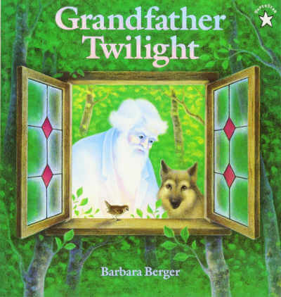 Book cover for Grandfather Twilight with illustration of glowing white bearded man with dog and bird in forest window.
