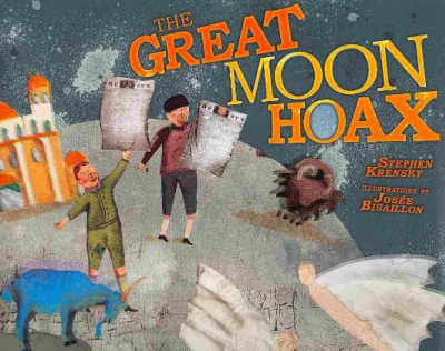 Book cover for The Great Moon Hoax with illustration of two boys holding newspapers.