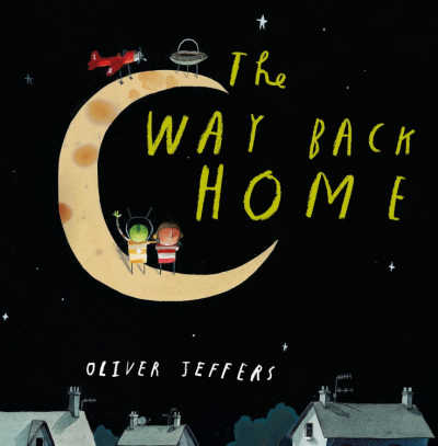 Book cover for The Way Back Home with illustration of boy and alien sitting on a crescent moon.