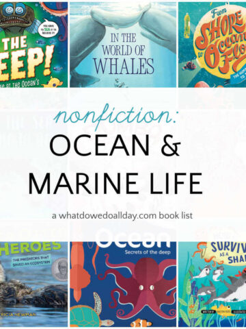 Collage of children's books with text overlay that reads: Nonfiction ocean and marine life.