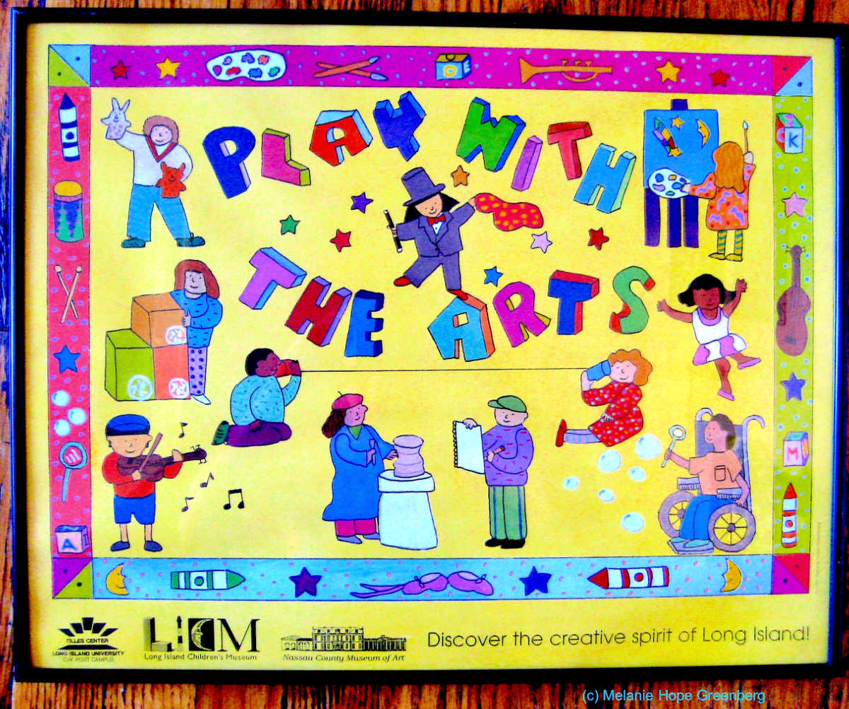 Framed poster with illustration of children engaged in different artistic pursuits with the words, "play with the arts."