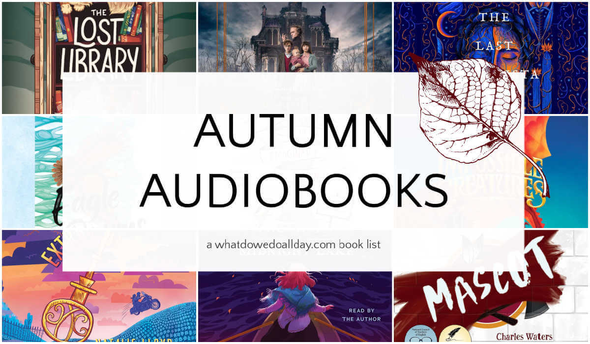 Collage of audiobook covers with text overlay that reads "autumn audiobooks"
