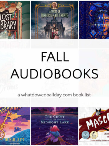 Collage of audiobook covers with text overlay that reads "fall audiobooks"