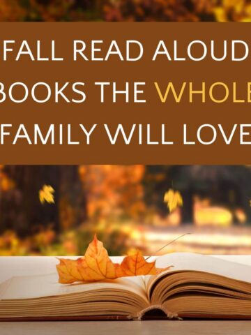 Open book with fall leaves and text overlay that reads, "Fall read aloud books the whole family will love."