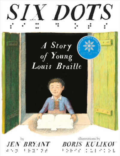 Book cover of Six Dots with illustration of Man with eyes closed holding an open book.