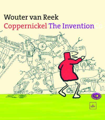 Book cover of Coppernickel The Invention with illustration of stick figure wearing red hoodie and drawing complex plans of machines on wall.