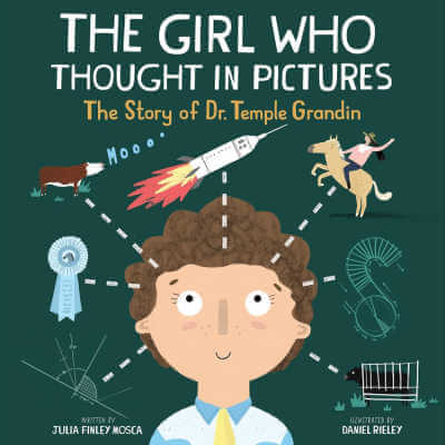 Book cover of The Girl WHo Thought in Pictures with illustration of woman surrounded by objects as if she is thinking about them.