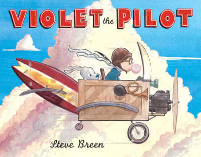 Book cover of Violet the Pilot with illustration of girl and dog in soab box airplane.