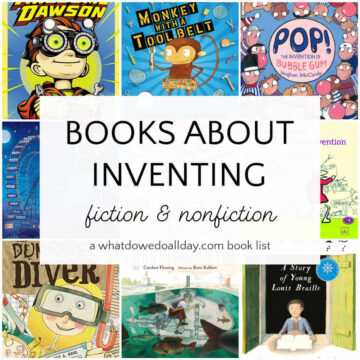 Collage of picture book covers with text overlay that reads "Books about Inventing fiction and nonfiction"