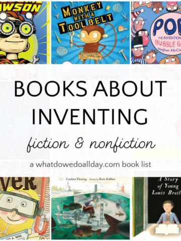 Collage of picture book covers with text overlay that reads "Books about Inventing fiction and nonfiction"