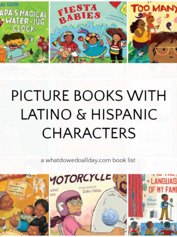 Collage of children's books with text overlay that reads, Picture Books with Latino and Hispanic Characters
