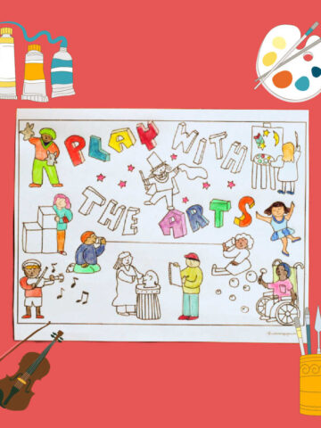 Play with the Arts coloring page surrounded by graphics of paint, brushes and violin.