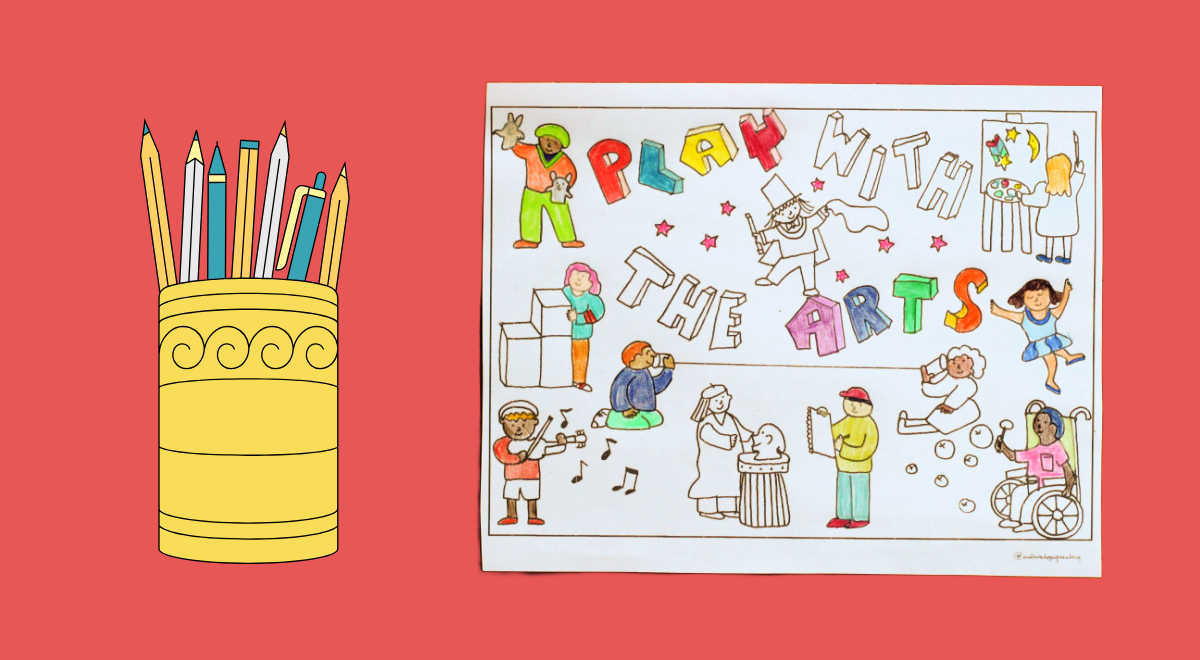 Play with the Arts coloring page in progress of being colored with graphic of can of pencils.