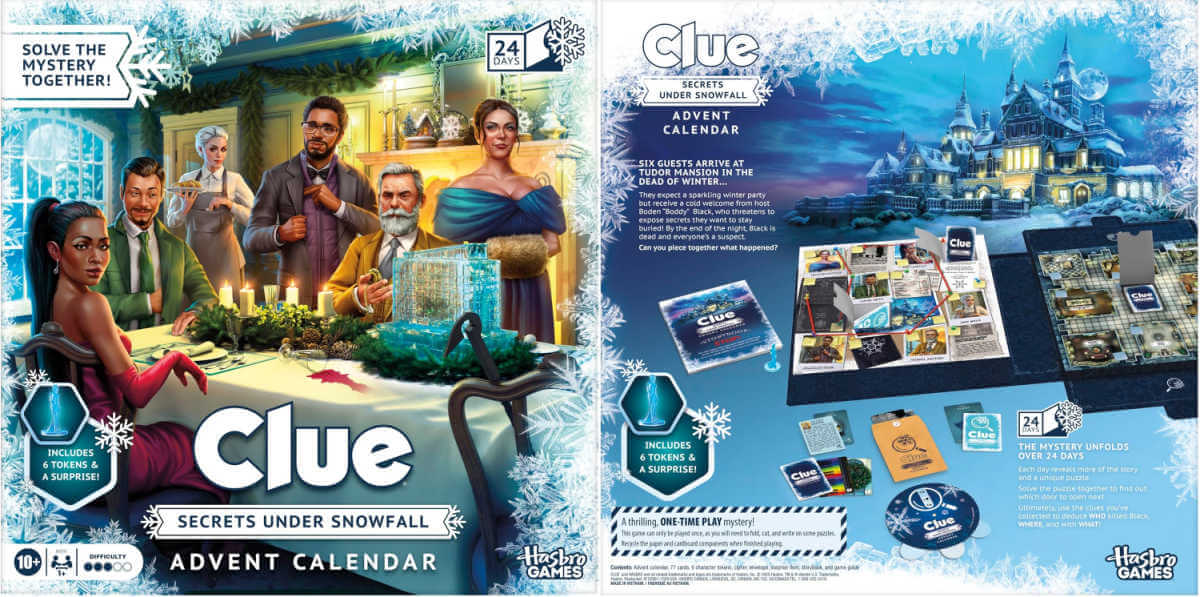 Clue advent calendar front of box and back of box.