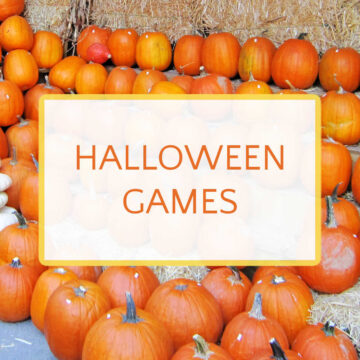 Rows of pumpkins with text overlay that reads, Halloween Games.