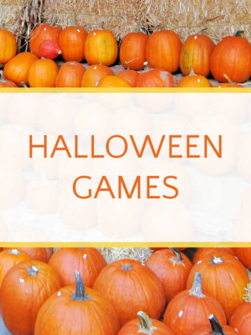 Rows of pumpkins with text overlay that reads, Halloween Games.