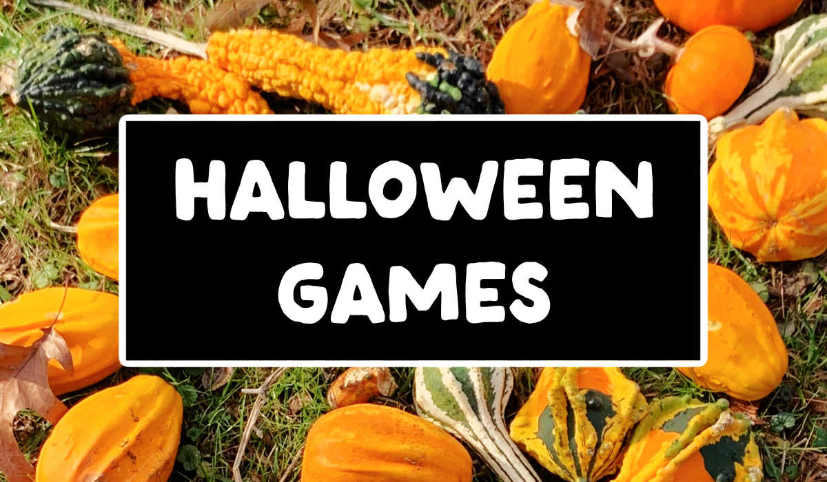 Pile of gourds on lawn with text overlay that reads Halloween Games.