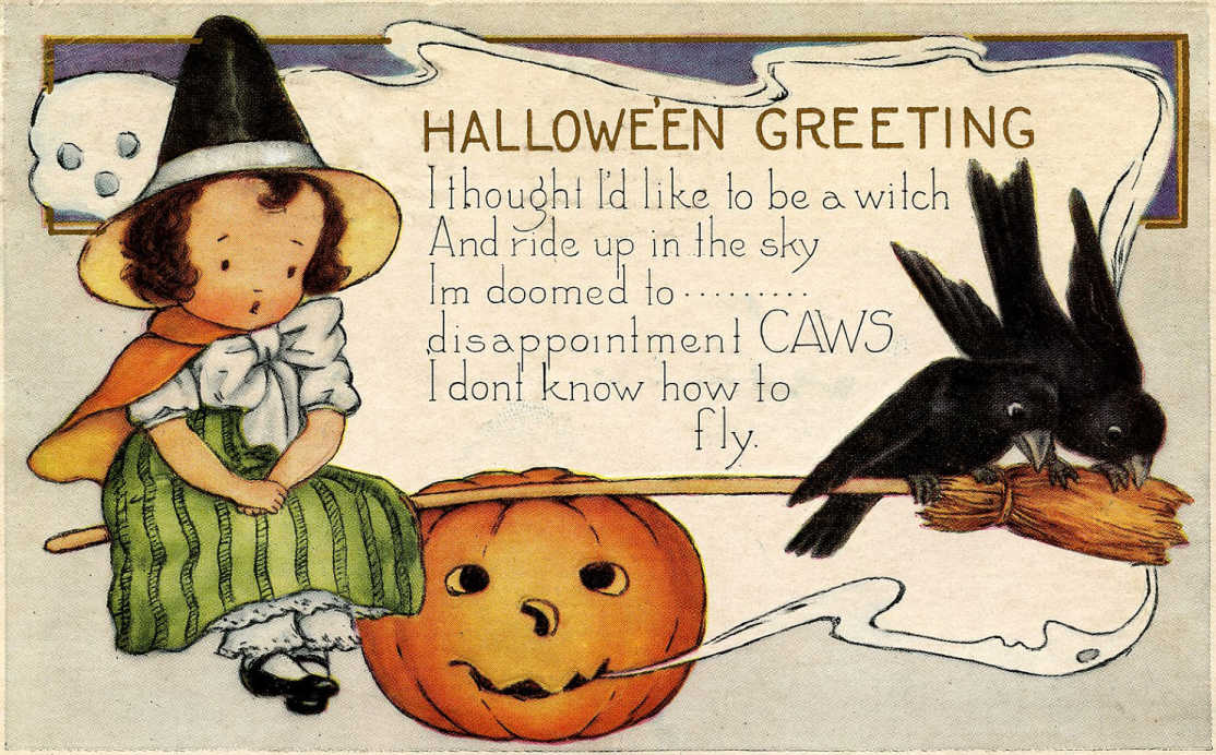 Vintage Halloween postcard with girl dressed as a witch sitting next to a pumpkin and crows.