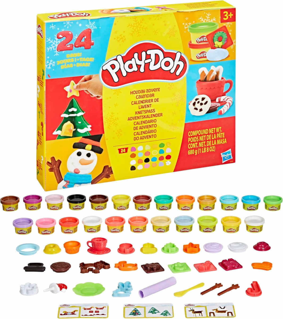Play-Doh. advent calendar box and 25 small pots of play-doh and tools.