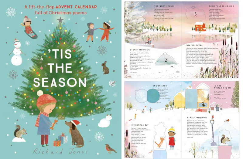 Book cover of Tis the Season advent calendar and two images of illustrated interior pages.