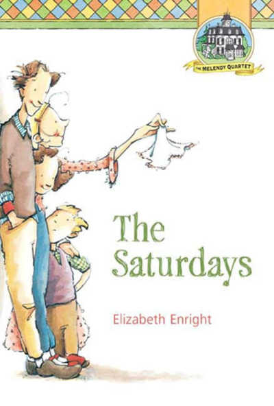 Book cover for The Saturdays by Elizabeth Enright with illustration of two adults and two children.