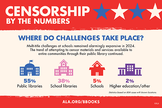 Infographic about where censorship challenges take place.