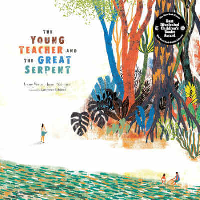 Book cover for the Young Teacher and the Great Serpent will colorful illustration of woman standing at the river bank looking towards a jungle.