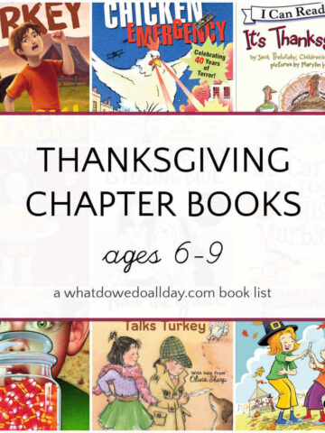 Collage of book covers with text overlay that reads, "Thanksgiving Chapter Books ages 6-9."