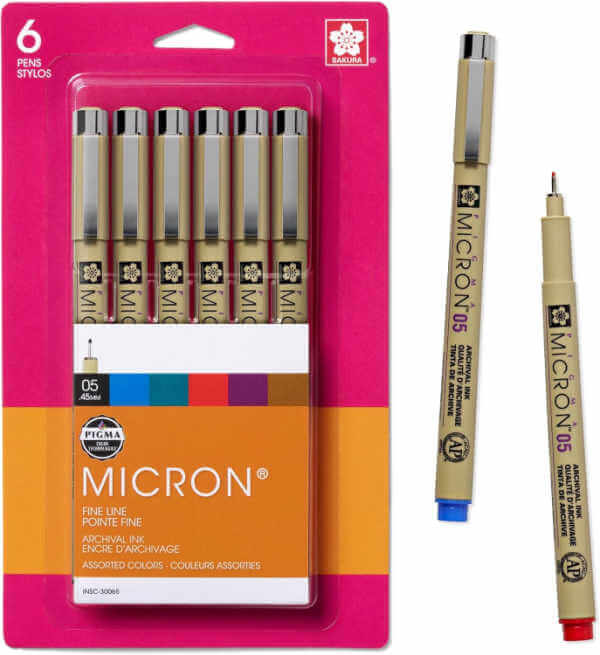 Pack of Sakura Micron fineliner pens with two examples out of the package.