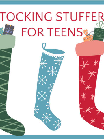 Illustration of three Christmas stockings under text that reads, "surprisingly useful stocking stuffers for teens"