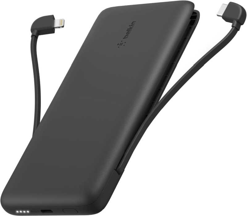 Slim power bank with two usb cables attached.