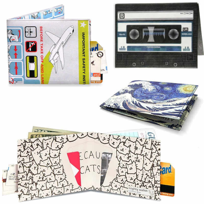 Four Mighty Wallets including one designed like a flight safety chart, a tape cassette, one with a Van-Gogh inspired artwork and an open walled covered in line drawings of cat faces.