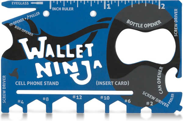 Blue Wallet Ninja multitool the size of a credit card.