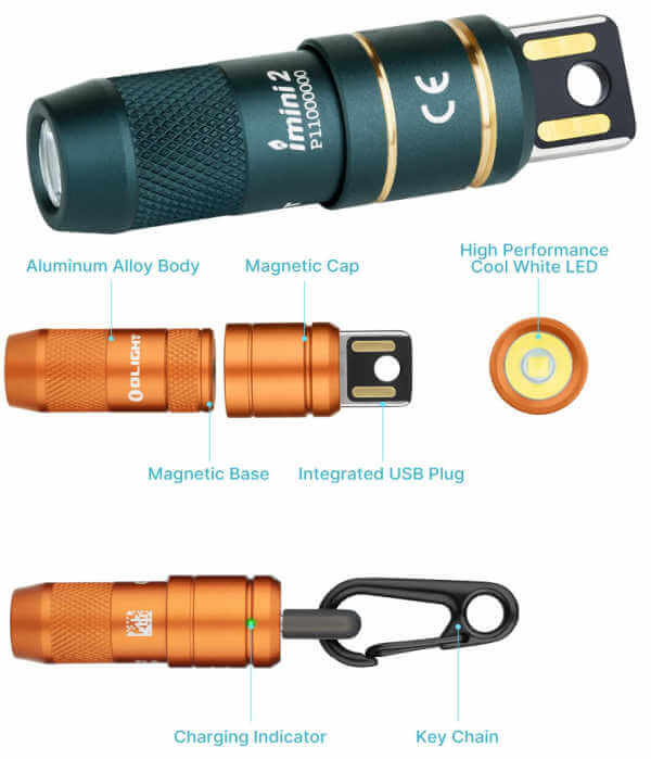 Green olight flashlight and orange flashlight shown in both open and closed options.