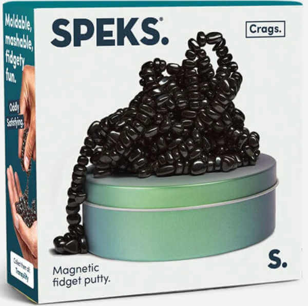 Box of Speks magnetic fidget putty showing pile of differently shaped black magnets piled on round green tin.