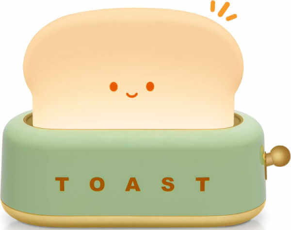 Cute smiling toast in green toaster night light.