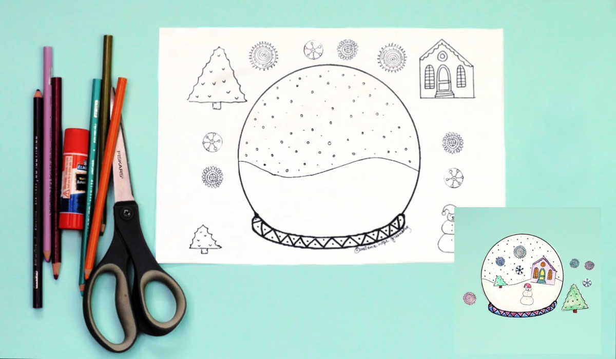 Snow globe coloring page next to scissors and colored pencils and glue stick, with photo inset of completed snow globe coloring page craft.