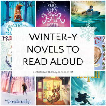 Collage of book covers with text overlay, "Wintery Novels to Read Aloud."