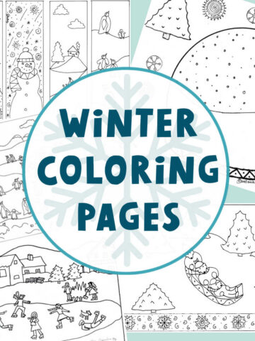 Collage of winter themed coloring pages with text overlay "Winter Coloring Pages" on top of snowflake.