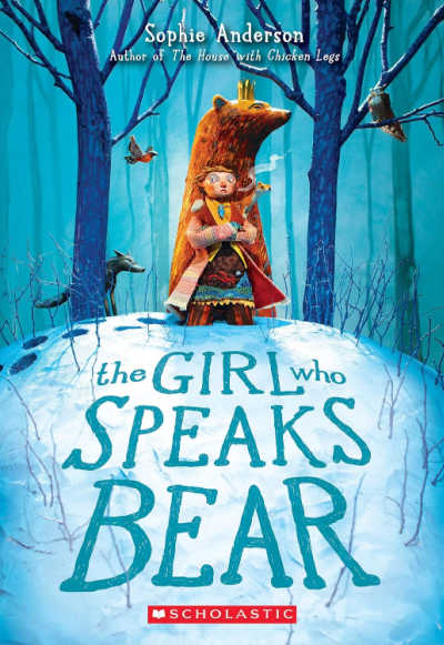 Book cover for The Girl Who Speaks bear with illustration of girl standing in front of a bear in a snowy woodland.