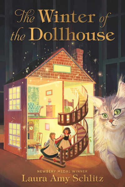 Book cover for The Winter of the Dollhouse with illustration of cat watching two dolls run up a staircase in a dollhouse.