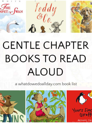 Collage of book covers with text overlay that reads, Gentle books to read aloud
