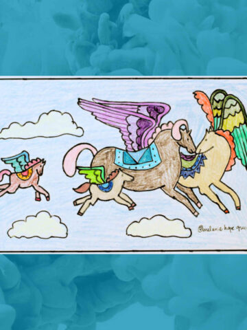 Pegasus coloring page with illustration of pegasus family of two adult and two baby pegasi flying in the sky with clouds.