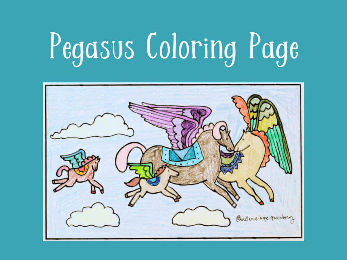 Pegasus coloring page with illustration of pegasus family of two adult and two baby pegasi flying in the sky with clouds.