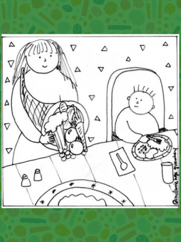 Coloring page with illustration of mom holding a cornucopia of vegetables, standing next to child at dinner table.