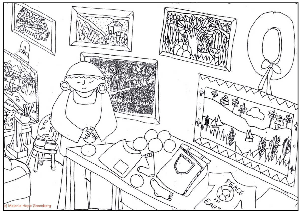 Coloring page with illustration of grandma folding laundry on a table surrounded by pictures of island life on the wall.
